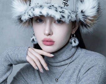 Y2K Furry Cat Ear Baseball Cap, Distressed Denim Hat with Faux Fur, Grunge Aesthetic Punk Hat, Harajuku Streetwear, Alt Fashion Accessories