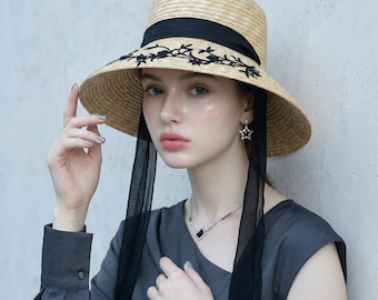 Embroidered Straw Hat with Black Ribbon, Vintage Cottagecore Sun Hat, Wide Brim Beach Hat for Women, Floral Summer Boater, Garden Party Gift