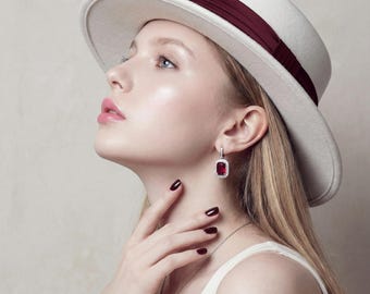 Flat Top Boater Hat Women | Wide Brim Bolero Hat | Stiff Wool Felt Spanish Cordobes | Elegant Church Hat with Pleated Band