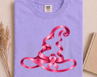 Pink Ribbon Witch Hat Breast Cancer Halloween T-Shirt, Breast Cancer Awareness Shirt, Spooky Pink Ribbon Tee, October Support Gift