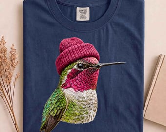 Hipster Hummingbird Wearing Beanie Funny Bird Watching T-Shirt, Cute Bird Lover Tee, Birder Gift Shirt, Quirky Wildlife Art Tee