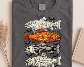 Halloween Trout Fish Ghost Pumpkin Skeleton Mummy T-Shirt, Spooky Angler Fishing Shirt, Funny Fisherman Halloween Gift, Trout Lover Tee