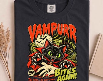 Vampurr Bites Again Halloween Vampire Cat Lovers Men Women T-Shirt, Funny Vampire Cat Gift, Spooky Halloween Cat Lover Graphic Tee