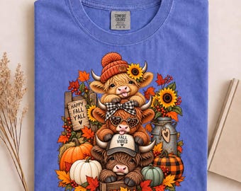 Cute Western Highland Cow Fall Vibes Pumpkin Autumn Family Long Sleeve T-Shirt, Highland Cattle Tee, Cow Lover Gift, Rustic Fall Shirt
