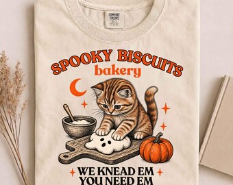 Comfort Colors® Kitty Biscuits T-Shirt, Black Cat Halloween Gift, Spooky Baking Graphic Tee, Pumpkin Fall Cat Lover Shirt