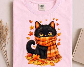 Cute Black Cat in Fall Scarf Thanksgiving Autumn T-Shirt, Black Cat Fall Tee, Autumn Cat Shirt, Thanksgiving Cat Gift, Cat Mom Tee