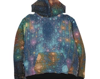 Handgemaakte Galaxy-hoody | Een van één geweven tapijttrui | Geüpcycled dekenhoodie | Kosmische streetwear