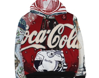 Handmade Coca-Cola Tapestry Hoodie | Upcycled Blanket Pullover | One of One Vintage Soda Streetwear | Coca Cola Collectible Fashion