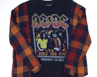 Upcycled ACDC Graphic Long Sleeve Custom Flannel T-Shirt