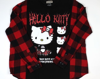 アップサイクルハローキティグラフィック長袖フランネルTシャツカスタム