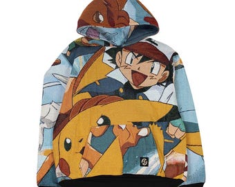 Kanto Journey Hoodie | 1OF1 Handmade Anime Tapestry Pullover | Upcycled Festival Wear