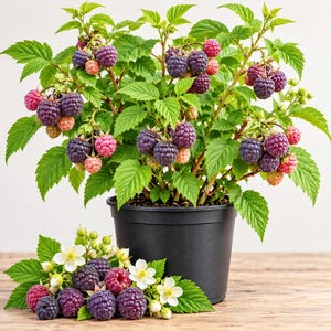 May include: A potted raspberry plant with dark purple and pink berries and green leaves. A cluster of harvested raspberries and white flowers sits in front of the black plastic pot. The plant features numerous ripe and ripening berries on stems.