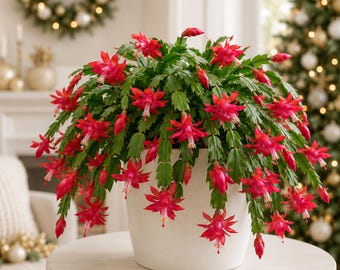 Set 2 Red Christmas Cactus Thanksgiving Cactus Plants, Holiday Tropical Cactus Live Plants in Home Garden Planting, 4-8 Inch Tall, No Pot