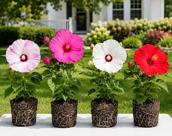 Set 4 Mix Hibiscus Plant Live for Planting, Hardy Hibiscus Flower Plant, Flowering Tropical Shrub, 4-8 Inch Tall, No Pot, No Ship TX