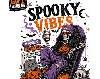 Halloween PNG, conception de chemise squelette Spooky Vibes, graphique en téléchargement numérique Halloween vintage