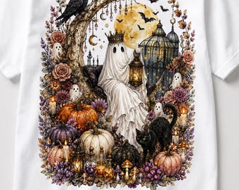 Halloween PNG, Fantôme floral gothique PNG | Sublimation d'Halloween sorcière vintage | Chat noir et potions de Dark Academia