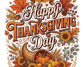Joyeux Thanksgiving Day PNG, conception de corne d'abondance de récolte d'automne, graphique de citrouille de feuilles d'automne, conception de chemise de sublimation de Thanksgiving