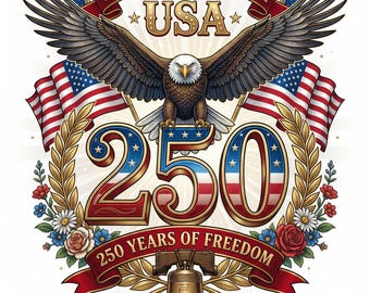 PNG per il 250° anniversario degli Stati Uniti, design dell'aquila patriottica America 250, download digitale per il quinquennio 1776-2026, sublimazione per il 4 luglio 2026.