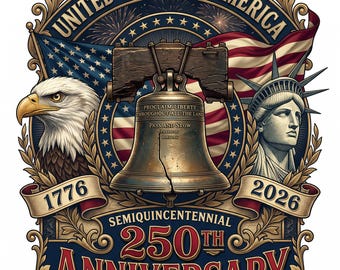 PNG per il 250° anniversario degli Stati Uniti, design del quindicesimo anniversario 1776-2026, aquila patriottica e campana della libertà, 250 anni d'America, sublimazione del 4 luglio.