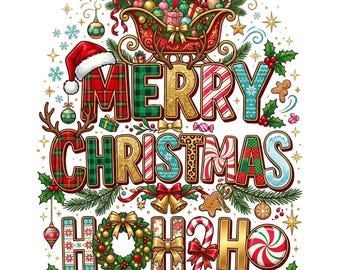 Joyeux Noël PNG, lettres à motifs en sublimation de vacances, téléchargement numérique du traîneau du père Noël, graphique de T-Shirt festif Ho Ho Ho