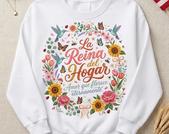 Fête des mères PNG, La Reina Del Hogar PNG, fausse broderie espagnol Mama Sublimation Design, couronne de fleurs Dia De Las Madres téléchargement numérique
