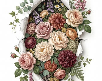 Floral PNG, papier déchiré PNG floral, conception de bouquet de fleurs botaniques vintage, sublimation graphique pour chemises, téléchargement numérique floral