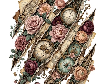 Vintage Floral déchiré papier PNG, horloge florale vintage PNG, conception de montre antique botanique victorienne, oeuvres d'art en téléchargement numérique clés Roses