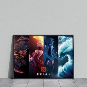 May include: A framed poster featuring four characters from the video game Dota 2. The characters are depicted in vibrant colors, with a fiery woman, a hooded archer, and a water-based creature. The Dota 2 logo is at the bottom.