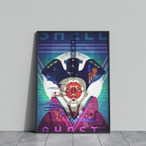 May include: A framed poster featuring a stylized illustration from "Ghost in the Shell." The artwork showcases a figure with a red mask and elaborate headwear, set against a backdrop of neon lights and Japanese text. The poster is in a black frame.