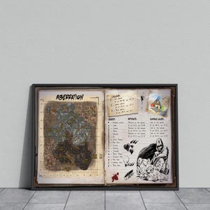 May include: Framed artwork featuring a detailed map labeled "Aberration." The map is accompanied by handwritten notes, diagrams, and a black and white illustration of a figure. The artwork is displayed against a neutral wall.