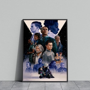May include: A framed art print featuring a collage of character portraits in shades of blue and white. The artwork showcases a variety of faces, with a central focus on several individuals. The overall theme suggests a science fiction or fantasy genre.