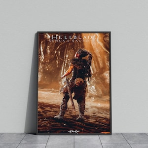 May include: Framed poster featuring a warrior from the video game Hellblade: Senua's Sacrifice. The artwork depicts a figure in dark attire, holding a sword, set against a fiery, textured background. The game title is displayed at the top.