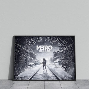 May include: Black and white framed poster featuring the video game "Metro Exodus." The artwork depicts a lone figure on train tracks within a tunnel, with the game's title prominently displayed at the top.