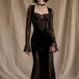 black lace see through maxi dress Akira | Black Lace Maxi Dress With Sash-Detail