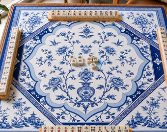 Tragbare Mahjong-Matte | Blauer Mahjong-Mat-Schal im Chinoiserie-Stil | Luxuriöses Mahjong-Geschenk