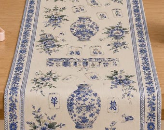 Blau Chinoiserie Mahjong Fliesen Tischläufer | Mahjong Geschenk | Mahjong Tischdekoration
