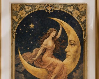 Jugendstil Mondgöttin Poster | Vintage romantische himmlische Wandkunst