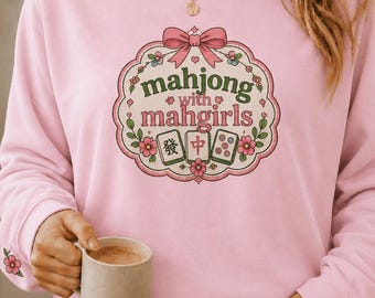 Mahjong Mit Mahgirls Sweatshirt | Kokette Mahjong Crewneck | Gesticktes Mahjong Geschenk Aufnäher