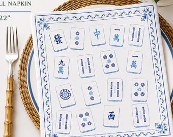 Tovagliolo di stoffa blu con motivo Mahjong / Tovagliolo in twill di cotone con motivo Mahjong / Tovagliato blu e bianco / Regalo Mahjong per lei / Decorazioni per serate di gioco