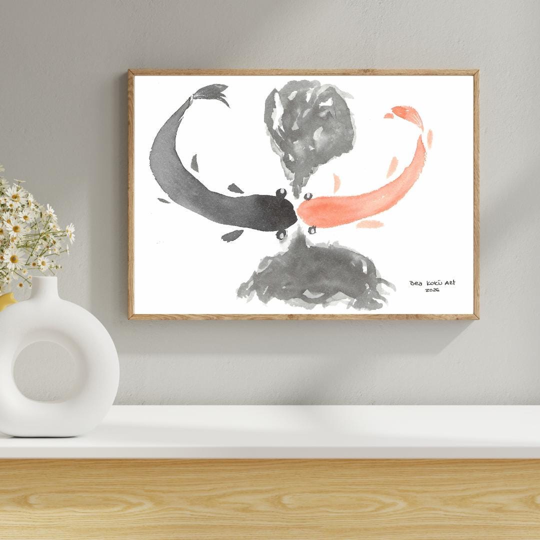 Yin Yang Koi Fish Watercolor Painting – Japandi Zen Wall Art - Etsy