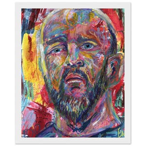 May include: A portrait painting of a person with a beard, rendered in vibrant, multi-colored brushstrokes including yellow, red, blue, and purple. The subject has light blue eyes and a direct gaze, set against a textured, abstract background.