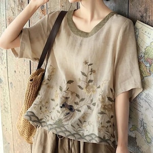 Women’s Cotton Linen Embroidered Floral Blouse – Loose Retro O-Neck Short Sleeve Top