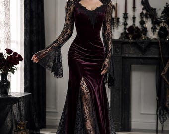 Gothic Lace Maxi Dress – Flare Sleeve V-Neck Dark Clubwear