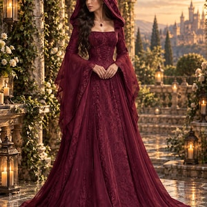 May include: A floor-length, deep burgundy gown featuring a square neckline, long flared sleeves, and an attached hood. The dress is crafted with intricate lace detailing throughout the bodice and skirt, with a flowing, layered fabric design.