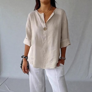 Blusa de lino con cuello en V para mujer: blusa holgada de verano de gran tamaño