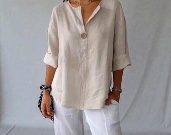 Women’s Linen V-Neck Top – Oversized Loose Summer Blouse