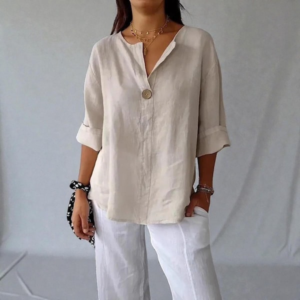 Women’s Linen V-Neck Top – Oversized Loose Summer Blouse