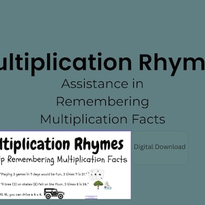 Puede incluir: Un gráfico de descarga digital de color verde azulado titulado "Multiplication Rhymes" con el subtítulo "Para ayudar a recordar los hechos de la multiplicación". El gráfico incluye datos de multiplicación con frases rimadas e ilustraciones pequeñas.