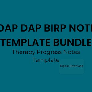 Könnte beinhalten: Türkisfarbener Hintergrund mit schwarzem Text: „SOAP DAP BIRP NOTES TEMPLATE BUNDLE“. Darunter steht in kleinerem Text „Therapy Progress Notes Template“. Ein kleines Feld zeigt „Digital Download“.
