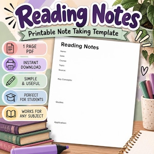 May include: A white printable reading notes template featuring fields for name, date, course, topic, source, key concepts, quotes, and application. The document is displayed alongside a stack of three books and a purple marker on a wooden surface.